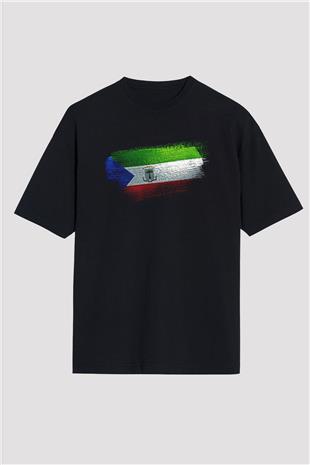 Ekvator Ginesi - Equatorial Guinea Bayrağı Baskılı Unisex Siyah Oversize Tişört
