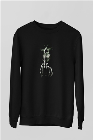 El Hareketi Yapan Kurukafa Baskılı Siyah  Sweatshirt