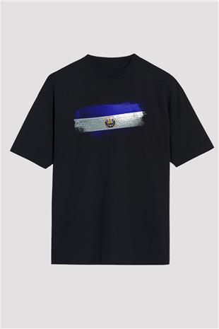 El Salvador Bayrağı Baskılı Unisex Siyah Oversize Tişört