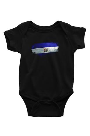 El Salvador Bayrağı Baskılı Unisex Siyah Bebek Body - Zıbın