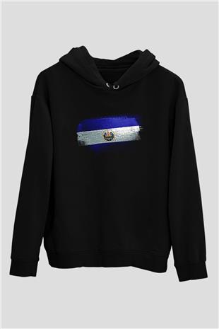 El Salvador Bayrağı Baskılı Unisex Siyah Hoodie
