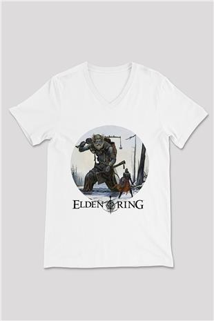 Elden Ring Baskılı Beyaz Unisex V Yaka Tişört - Tshirt