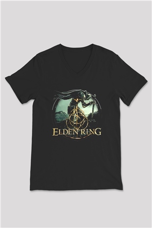 Elden Ring Baskılı Unisex Siyah V Yaka Tişört - Tshirt