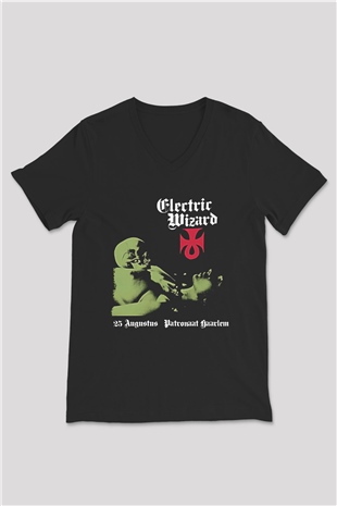 Electric Wizard Baskılı Unisex Siyah V Yaka Tişört - Tshirt