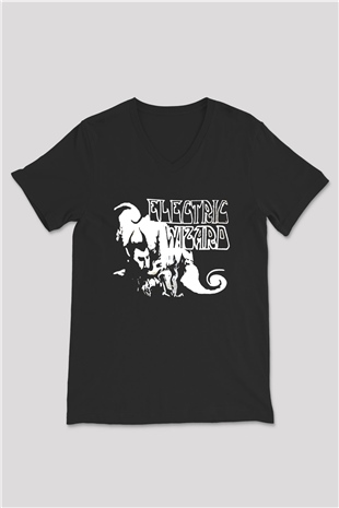 Electric Wizard Baskılı Unisex Siyah V Yaka Tişört - Tshirt