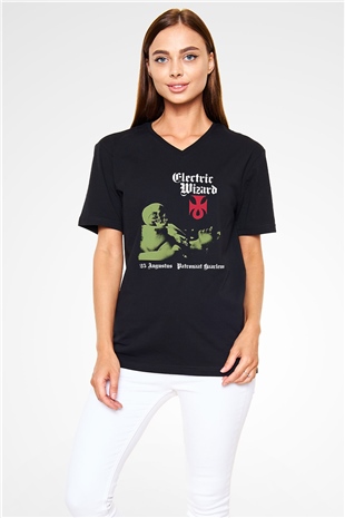 Electric Wizard Baskılı Unisex Siyah V Yaka Tişört - Tshirt