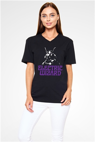Electric Wizard Baskılı Unisex Siyah V Yaka Tişört - Tshirt