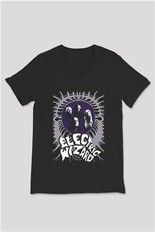 Electric Wizard Baskılı Unisex Siyah V Yaka Tişört - Tshirt
