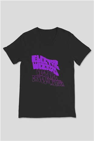 Electric Wizard Baskılı Unisex Siyah V Yaka Tişört - Tshirt