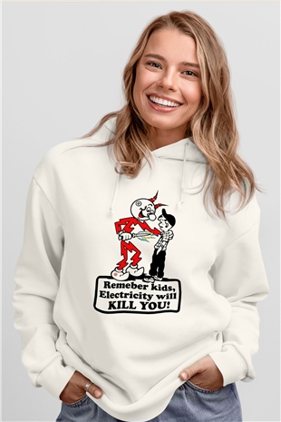 Elektrikçi Beyaz Unisex Kapüşonlu Sweatshirt