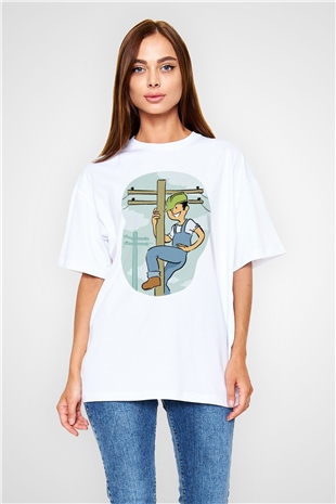 Elektrikçi Beyaz Unisex Oversize Tişört T-Shirt