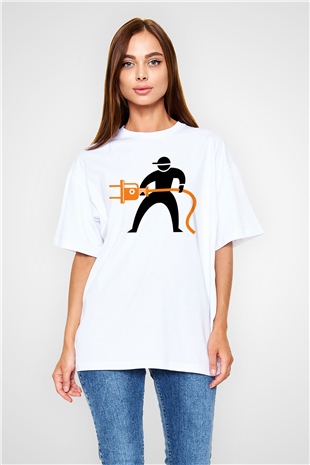 Elektrikçi Beyaz Unisex Oversize Tişört T-Shirt