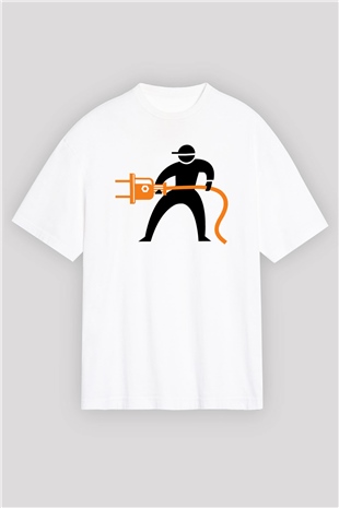 Elektrikçi Beyaz Unisex Oversize Tişört T-Shirt