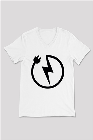 Elektrikçi Beyaz Unisex V Yaka Tişört