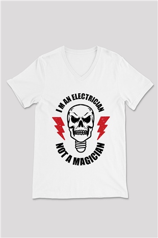 Elektrikçi Beyaz Unisex V Yaka Tişört