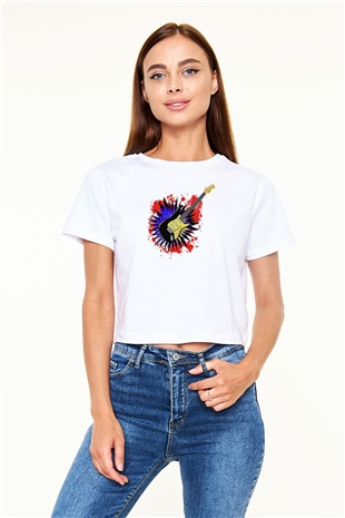 Elektro Gitar Baskılı Beyaz Crop Top Kadın Tişört - Tshirt