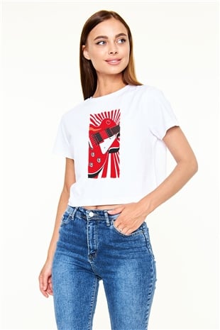 Elektro Gitar Baskılı Beyaz Crop Top Kadın Tişört - Tshirt