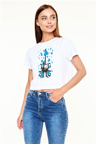 Elektro Gitar Baskılı Beyaz Crop Top Kadın Tişört - Tshirt