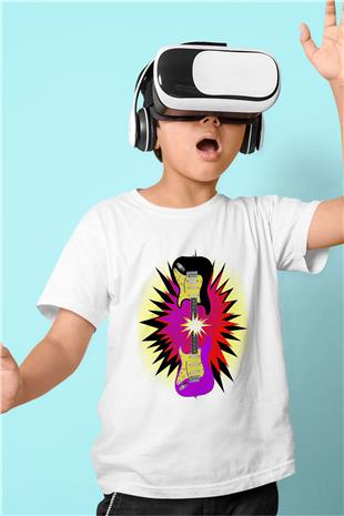 Elektro Gitar Baskılı Beyaz Unisex Beyaz Çocuk Tişört - Tshirt