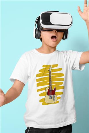Elektro Gitar Baskılı Beyaz Unisex Beyaz Çocuk Tişört - Tshirt