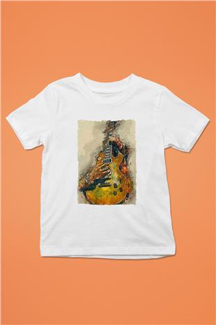 Elektro Gitar Baskılı Beyaz Unisex Beyaz Çocuk Tişört - Tshirt