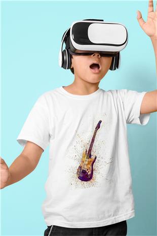 Elektro Gitar Baskılı Beyaz Unisex Beyaz Çocuk Tişört - Tshirt