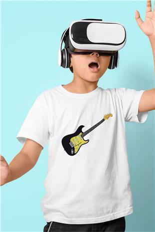 Elektro Gitar Baskılı Beyaz Unisex Beyaz Çocuk Tişört - Tshirt