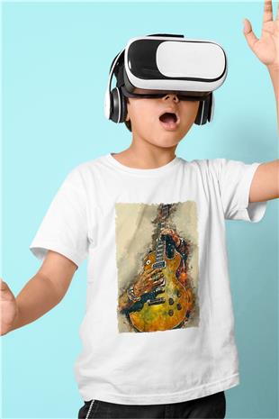 Elektro Gitar Baskılı Beyaz Unisex Beyaz Çocuk Tişört - Tshirt