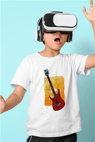 Elektro Gitar Baskılı Beyaz Unisex Beyaz Çocuk Tişört - Tshirt