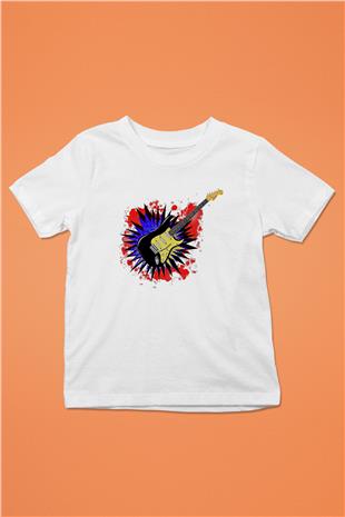 Elektro Gitar Baskılı Beyaz Unisex Beyaz Çocuk Tişört - Tshirt