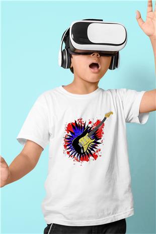 Elektro Gitar Baskılı Beyaz Unisex Beyaz Çocuk Tişört - Tshirt