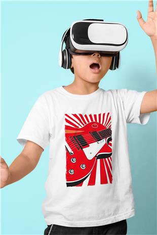 Elektro Gitar Baskılı Beyaz Unisex Beyaz Çocuk Tişört - Tshirt