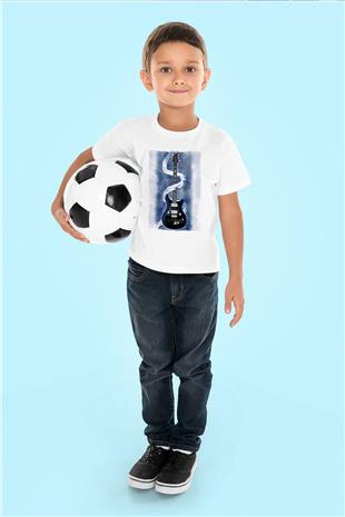 Elektro Gitar Baskılı Beyaz Unisex Beyaz Çocuk Tişört - Tshirt