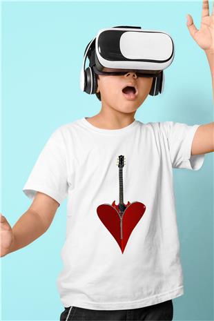 Elektro Gitar Baskılı Beyaz Unisex Beyaz Çocuk Tişört - Tshirt