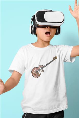 Elektro Gitar Baskılı Beyaz Unisex Beyaz Çocuk Tişört - Tshirt