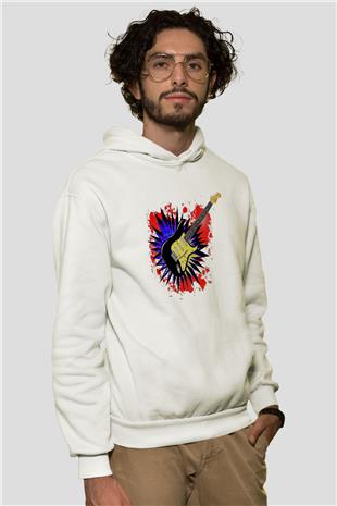 Elektro Gitar Baskılı Beyaz Unisex Hoodie