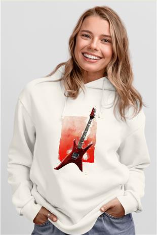 Elektro Gitar Baskılı Beyaz Unisex Hoodie