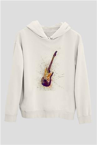 Elektro Gitar Baskılı Beyaz Unisex Hoodie