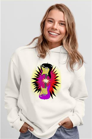 Elektro Gitar Baskılı Beyaz Unisex Hoodie