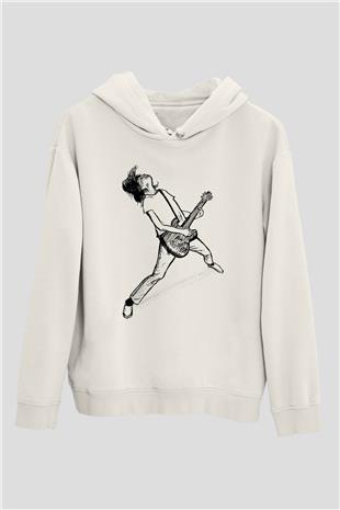Elektro Gitar Baskılı Beyaz Unisex Hoodie