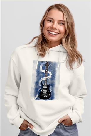 Elektro Gitar Baskılı Beyaz Unisex Hoodie