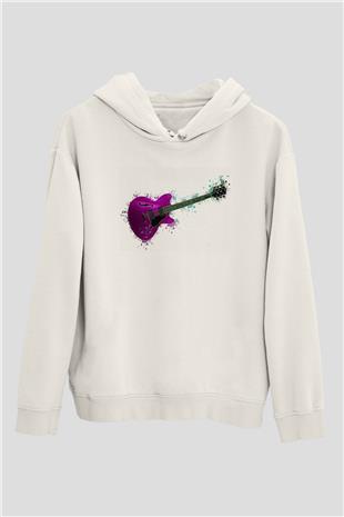 Elektro Gitar Baskılı Beyaz Unisex Hoodie