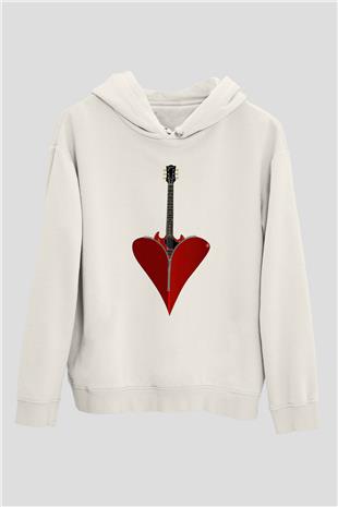Elektro Gitar Baskılı Beyaz Unisex Hoodie