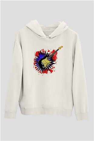 Elektro Gitar Baskılı Beyaz Unisex Hoodie
