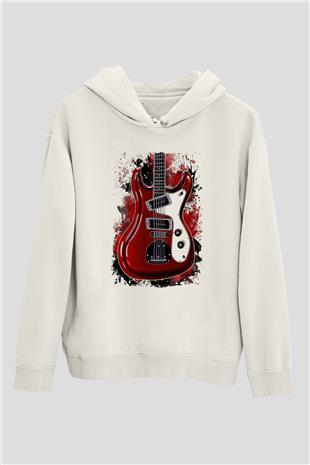 Elektro Gitar Baskılı Beyaz Unisex Hoodie