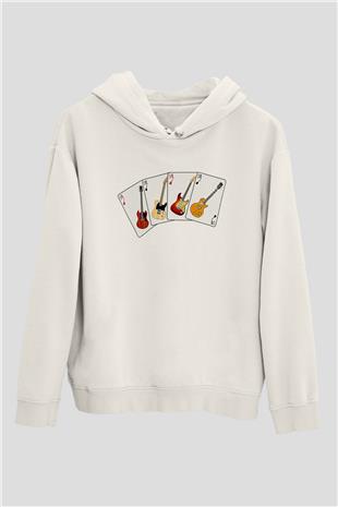 Elektro Gitar Baskılı Beyaz Unisex Hoodie