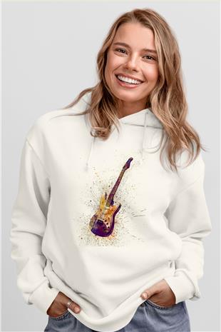 Elektro Gitar Baskılı Beyaz Unisex Hoodie