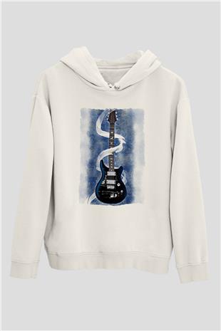 Elektro Gitar Baskılı Beyaz Unisex Hoodie