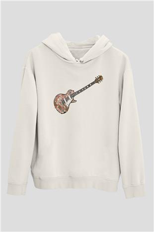 Elektro Gitar Baskılı Beyaz Unisex Hoodie