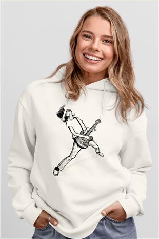 Elektro Gitar Baskılı Beyaz Unisex Hoodie